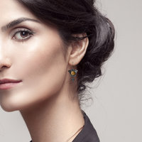 Round citrine cab earrings, oxidized silver earrings