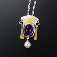 Amethyst silver pendant necklace, Keum Boo pendant necklace, lotus pendant neckl