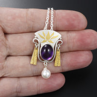 Amethyst silver pendant necklace, Keum Boo pendant necklace, lotus pendant neckl