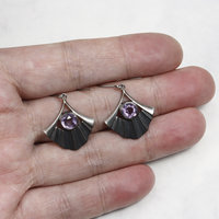 Amethyst earrings, oxidized silver earrings, Japanese fan earrings