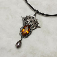 Art Nouveau citrine oxidized silver pendant necklace