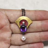 Keum Boo and Japanese Hido copper pendant necklace with amethyst and akoyas