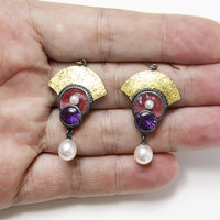 Japanese red copper Hido earrings with amethyst and akoya pearls
