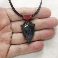 Ruby zoisite oxidized silver pendant necklace with Japanese red copper Hido.