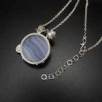 Lace agate lotus silver pendant necklace
