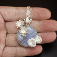 Lace agate lotus silver pendant necklace