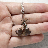 Art Nouveau oxidized silver ginkgo pendant necklace