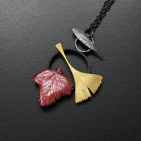 Ginkgo and red grape leaf oxidized silver pendant necklace
