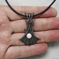 Ginkgo motif goth oxidized silver pendant