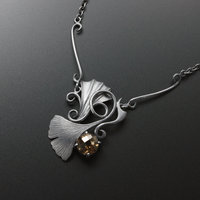 Gothic style Ginkgo necklace of oxidized silver and brown quartz