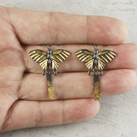 Oxidized silver butterfly earrings with fine gold leaf