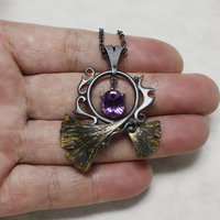 Oxidized silver ginkgo pendant necklace with amethyst and worn out gold leaf