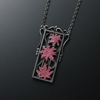 3 red autumn leaf pendant necklace of Hido and oxidized silver