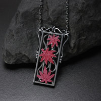 3 red autumn leaf pendant necklace of Hido and oxidized silver