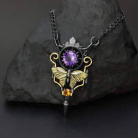 Art deco style necklace with a round amethyst and Keum Boo scrolls