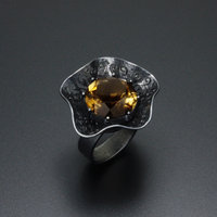 Lacy openwork smokey quartz oxidized silver Goth ring