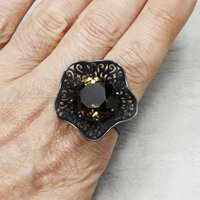 Lacy openwork smokey quartz oxidized silver Goth ring