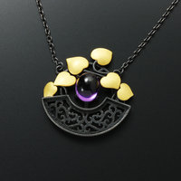 Keum Boo Gold leaves and amethyst cab necklace, arabesque openwork necklace