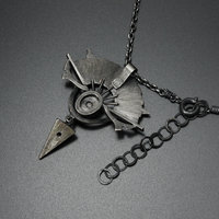 Black star sapphire steampunk fan motif oxidized silver pendant necklace