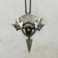 Black star sapphire steampunk fan motif oxidized silver pendant necklace