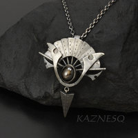 Black star sapphire steampunk fan motif oxidized silver pendant necklace