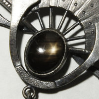 Black star sapphire steampunk fan motif oxidized silver pendant necklace
