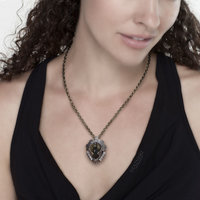 Rutilated quartz oxidized silver steampunk samurai helmet pendant necklace