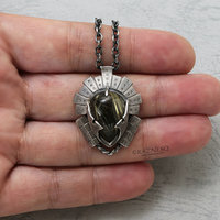Rutilated quartz oxidized silver steampunk samurai helmet pendant necklace