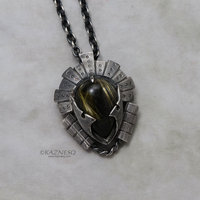 Rutilated quartz oxidized silver steampunk samurai helmet pendant necklace