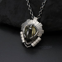 Rutilated quartz oxidized silver steampunk samurai helmet pendant necklace