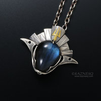 Blue labradorite knight and samurai helmet motif oxidized silver unisex pendant