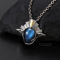 Blue labradorite knight and samurai helmet motif oxidized silver unisex pendant