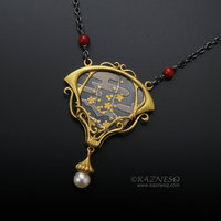 Art Nouveau style golden blossoms necklace, Keum Boo necklace