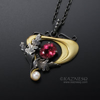 Art Nouveau style pink tourmaline and akoya pearl pendant, 14K gold and oxidized
