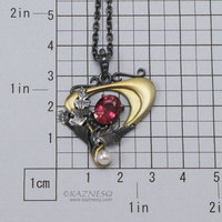 Art Nouveau style pink tourmaline and akoya pearl pendant, 14K gold and oxidized
