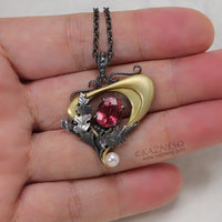 Art Nouveau style pink tourmaline and akoya pearl pendant, 14K gold and oxidized