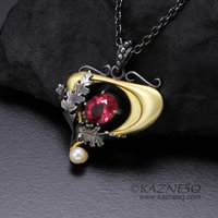 Art Nouveau style pink tourmaline and akoya pearl pendant, 14K gold and oxidized