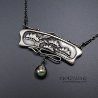 Art Nouveau style pine tree relief necklace, oxidized silver black pearl pendant