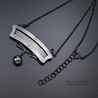 Art Nouveau style pine tree relief necklace, oxidized silver black pearl pendant