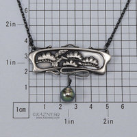 Art Nouveau style pine tree relief necklace, oxidized silver black pearl pendant