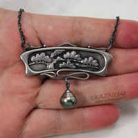 Art Nouveau style pine tree relief necklace, oxidized silver black pearl pendant