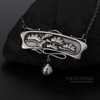 Art Nouveau style pine tree relief necklace, oxidized silver black pearl pendant