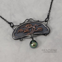 Art Nouveau style pine tree motif necklace with a black pearl