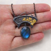 Art Nouveau style oxidized silver blue labradorite pendant