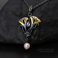 Lavender spinel Art Nouveau style oxidized silver pendant with a freshwater pear