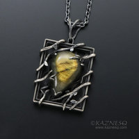 (C) KAZNESQ: Yellow labradorite trapped in a bush goth oxidized silver pendant