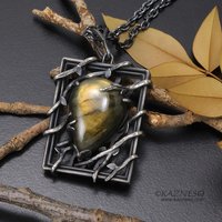 (C) KAZNESQ: Yellow labradorite trapped in a bush goth oxidized silver pendant