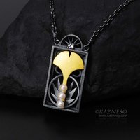 Art Deco style ginkgo Keum Boo necklace with akoya and white topaz