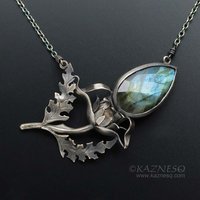 Labradorite thistle motif oxidized silver necklace, nature inspired Goth necklac