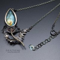 Labradorite thistle motif oxidized silver necklace, nature inspired Goth necklac